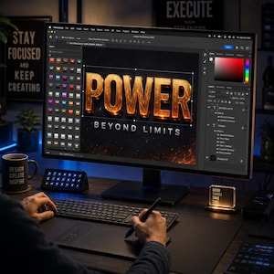 May include: A computer monitor displaying Adobe Photoshop 2024 with the text POWER BEYOND LIMITS in a fiery, metallic font style. The screen shows a layer panel, a style selection menu, and a color picker tool on a dark, professional workspace.