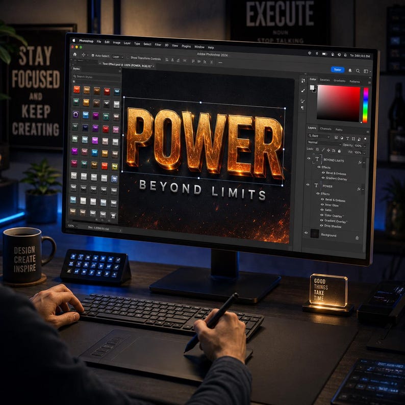 May include: A computer monitor displaying Adobe Photoshop 2024 with the text POWER BEYOND LIMITS in a fiery, metallic font style. The screen shows a layer panel, a style selection menu, and a color picker tool on a dark, professional workspace.