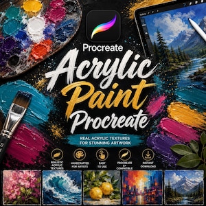 Può includere: Una pubblicità di prodotti per arte digitale per pennelli Procreate Acrylic Paint con una tavolozza di colori, un pennello e un tablet che mostra un paesaggio montano. Il testo include Procreate Acrylic Paint Procreate.