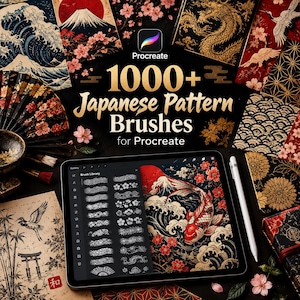 Può includere: Un tablet digitale che mostra una libreria di pennelli Procreate con motivi di ispirazione giapponese, tra cui pesci koi, onde e fiori di ciliegio. Lo schermo mostra il testo 1000+ Japanese Pattern Brushes for Procreate, circondato da varie stampe artistiche con draghi, gru e motivi tradizionali.