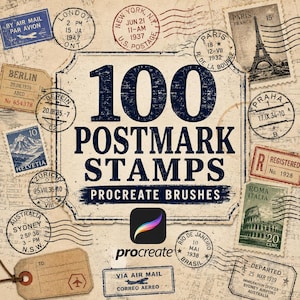 Może przedstawiać: Grafika cyfrowa z napisem 100 POSTMARK STAMPS PROCREATE BRUSHES w kolorze ciemnoniebieskim na beżowym tle. Projekt jest otoczony różnymi znaczkami pocztowymi w stylu vintage oraz okrągłymi stemplami pocztowymi z miast takich jak Paryż i Londyn.