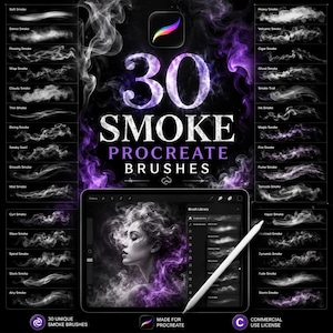 May include: A digital collection of 30 smoke Procreate brushes displayed on a tablet screen. The image features a list of brush names, a portrait illustration created with the brushes, and a white stylus pen resting on the tablet surface.