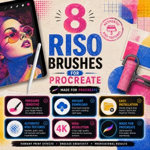 Może przedstawiać: Cyfrowa prezentacja produktu 8 pędzli Riso do programu Procreate, zawierająca tablet z kolorowym portretem, rysik i r&oacute;żowy wałek drukarski. Grafika zawiera tekst opisujący funkcje, takie jak czułość na nacisk, rozdzielczość 4K i łatwa instalacja.