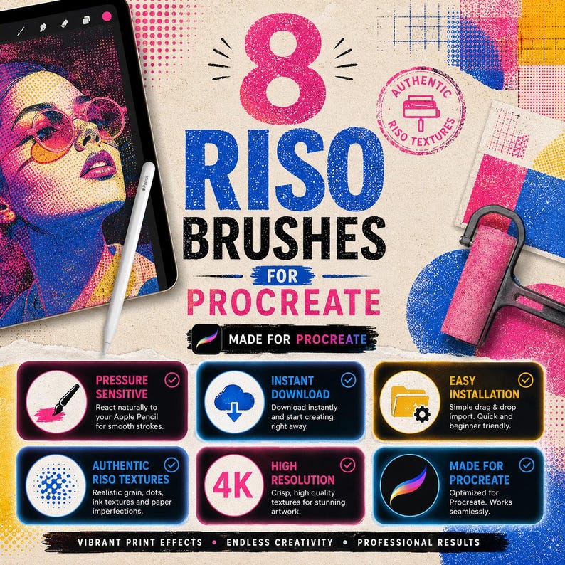 Może przedstawiać: Cyfrowa prezentacja produktu 8 pędzli Riso do programu Procreate, zawierająca tablet z kolorowym portretem, rysik i r&oacute;żowy wałek drukarski. Grafika zawiera tekst opisujący funkcje, takie jak czułość na nacisk, rozdzielczość 4K i łatwa instalacja.