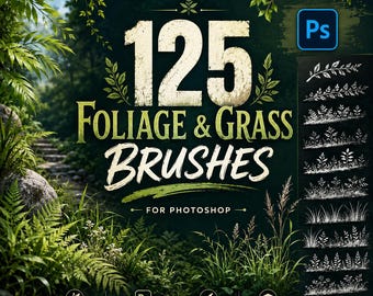 May include: A digital product listing for 125 Foliage & Grass Brushes for Photoshop. The graphic features large white text, a Photoshop icon, and a vertical panel displaying white brush stroke samples of various leaves and grasses on a dark background.
