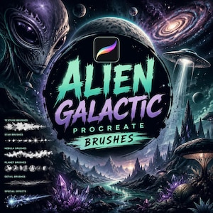 Puede incluir: Un gráfico digital con el texto ALIEN GALACTIC PROCREATE BRUSHES en un marco circular. El fondo muestra un paisaje alienígena con una cabeza de alien, un platillo volante, planetas y cristales morados. Las muestras de pinceles aparecen a la izquierda.