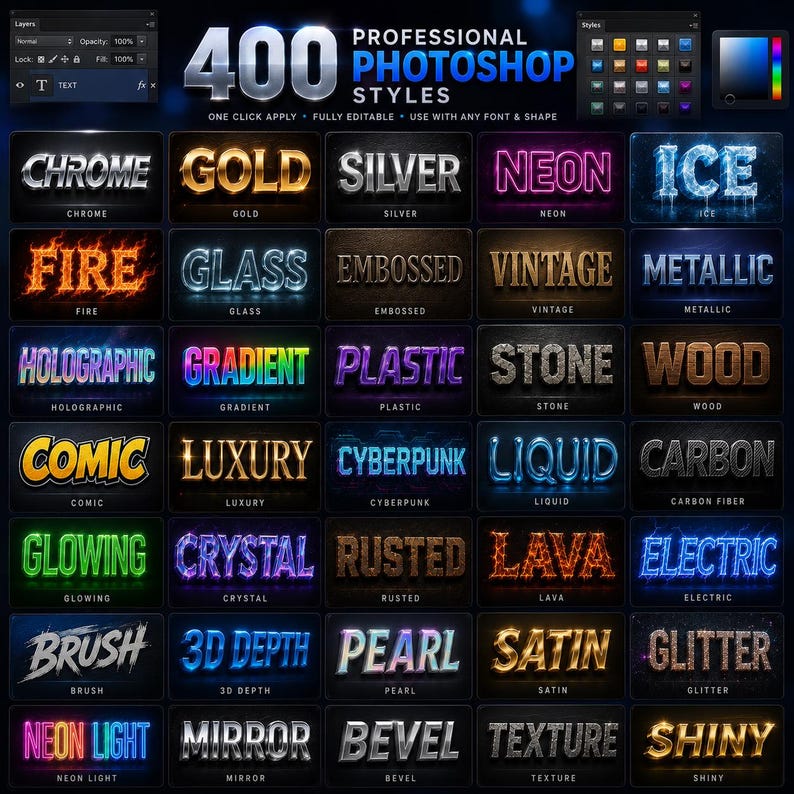 May include: A digital display showcasing 400 professional Photoshop styles, featuring a grid of text samples with various effects like chrome, gold, silver, neon, ice, fire, glass, embossed, vintage, metallic, holographic, gradient, plastic, stone, and wood.