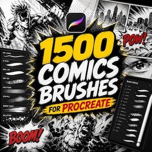 Peut inclure: Une collection numérique de 1500 pinceaux de bande dessinée pour Procreate avec une illustration en noir et blanc et le texte 1500 COMICS BRUSHES FOR PROCREATE, incluant un menu de bibliothèque de pinceaux et un stylet sur une tablette.