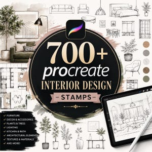 May include: A digital collection of 700+ Procreate interior design stamps featuring black and white line art illustrations of furniture, lighting, plants, and architectural elements, displayed with a tablet showing a room sketch.