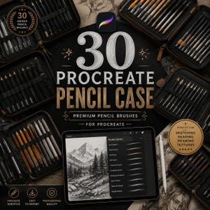 May include: A digital product set titled 30 Procreate Pencil Case featuring premium pencil brushes for Procreate. The image displays multiple open cases filled with various pencils, a tablet showing a mountain landscape drawing, and a stylus.