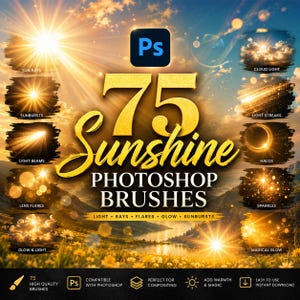 Peut inclure: Une collection numérique de 75 pinceaux Photoshop soleil présentant divers effets de lumière, notamment des rayons de soleil, des éclats, des faisceaux, des reflets, des nuages lumineux, des traînées, des halos, des étincelles et des lueurs magiques.