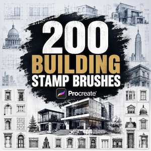 May include: A digital collection of 200 building stamp brushes for Procreate, featuring black and white architectural sketches of various structures, including skyscrapers, domes, and detailed building facades arranged in a grid layout.