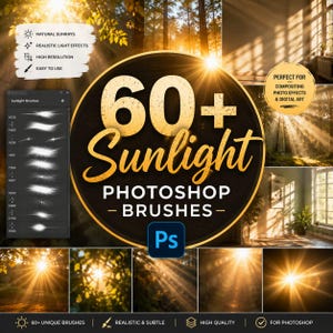 Puede incluir: Una colección digital de más de 60 pinceles de luz solar para Photoshop con un logotipo circular de texto dorado, una lista de ajustes preestablecidos de pincel y varios ejemplos de rayos solares, destellos y efectos de luz natural.