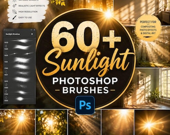 May include: A digital collection of 60+ sunlight Photoshop brushes featuring a circular logo with gold text, a list of brush presets, and various examples of sun rays, lens flares, and natural light effects applied to indoor and outdoor scenes.