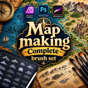 Puede incluir: Un conjunto de pinceles digitales para cartografía con el texto Map making Complete brush set, junto a iconos de Affinity Photo, Photoshop y Procreate. Incluye una tableta con pinceles de montañas y árboles, una brújula y pinceles de pintura.