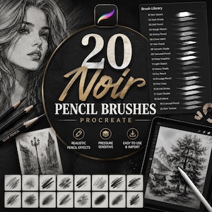 May include: A digital product listing for 20 Noir Pencil Brushes for Procreate. The image features a list of brush names, a portrait sketch, a landscape drawing on a tablet, and a grid of 20 sample strokes showing various pencil textures.
