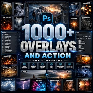 May include: A digital product bundle for Adobe Photoshop featuring 1000+ overlays and actions. The display includes thumbnails of various effects like smoke, fire, rain, snow, bokeh, and lens flares, alongside interface panels for layers and actions.