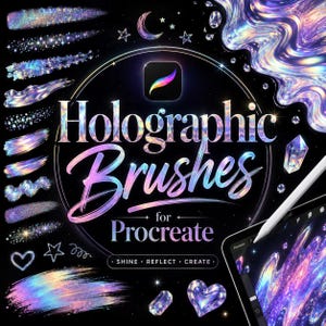 Könnte beinhalten: Eine digitale Grafik mit dem Text Holographic Brushes for Procreate und einem zentralen Procreate-Symbol. Das Bild zeigt verschiedene irisierende, mehrfarbige Pinselstriche, leuchtende Sterne, Monde, Herzen und Kristalle auf einem schwarzen Hintergrund.