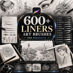Peut inclure: Un ensemble d'art numérique intitulé 600+ LINERS ART BRUSHES FOR PROCREATE présentant une collection d'échantillons de dessin au trait, incluant un portrait, un dragon, un mandala et un paysage côtier sur tablette, avec divers outils de dessin.