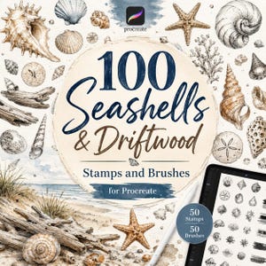 May include: A digital art set titled 100 Seashells & Driftwood Stamps and Brushes for Procreate. The image features detailed illustrations of various seashells, starfish, and driftwood, alongside a tablet screen displaying brush previews.