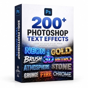 May include: A rectangular software box featuring the text 200+ PHOTOSHOP TEXT EFFECTS. The design displays various styles including neon, gold, brush, 3D, retro, atmosphere, stone, grunge, fire, and chrome. The box includes the Adobe Photoshop logo.