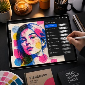 Może przedstawiać: Tablet wyświetlający cyfrowy portret osoby z kolorowym wzorem kropek p&oacute;łtonowych. Ekran pokazuje menu biblioteki pędzli z r&oacute;żnymi opcjami tekstur. Rysik jest trzymany przy ekranie, a interfejs zawiera przycisk galerii i inne narzędzia.