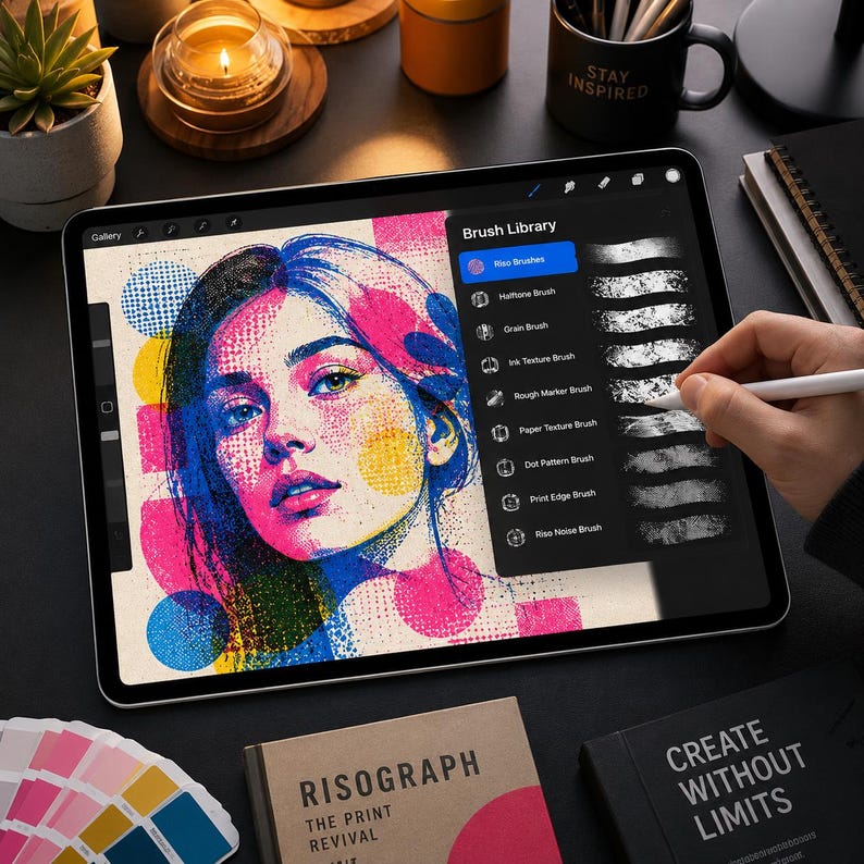 Może przedstawiać: Tablet wyświetlający cyfrowy portret osoby z kolorowym wzorem kropek p&oacute;łtonowych. Ekran pokazuje menu biblioteki pędzli z r&oacute;żnymi opcjami tekstur. Rysik jest trzymany przy ekranie, a interfejs zawiera przycisk galerii i inne narzędzia.
