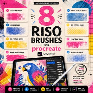 May include: A digital set of 8 Riso brushes for Procreate featuring authentic textures. The display shows labels for Halftone, Grain, Ink Texture, Rough Marker, Paper Texture, Dot Pattern, Print Edge, and Riso Noise brushes with a tablet.