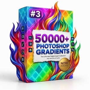 May include: A digital product box labeled #3 featuring 50000+ Photoshop Gradients, The Ultimate Digital Asset Collection, High Resolution & Quality, and Now Available. The box has a rainbow diamond pattern surrounded by vibrant, colorful flames.