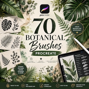 Può includere: Un set di prodotti digitali con 70 pennelli botanici per l'app Procreate. L'immagine mostra illustrazioni di foglie in bianco e nero, un tablet con un menu della libreria di pennelli e il testo 70 BOTANICAL BRUSHES PROCREATE.