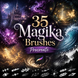 Op de afbeelding: Een digitale afbeelding met de tekst 35 Magika Brushes Procreate. De afbeelding toont een centraal cirkelvormig kader omringd door fantasie-elementen, waaronder een donker kasteel, gloeiende kristallen, een bospad met een vlinder en oceaangolven.