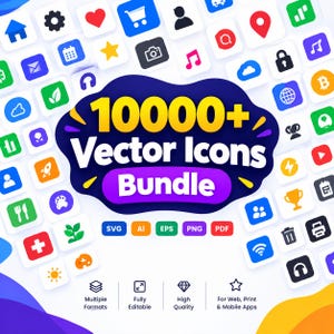 May include: A digital graphic featuring a large dark blue central shape with the yellow and white text 10000+ Vector Icons Bundle. It is surrounded by a grid of colorful square icons representing various symbols, with file format labels below.