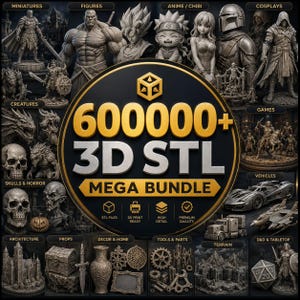 以下が含まれることがあります： 600000+ 3D STL MEGA BUNDLEというテキストが中央に配置されたデジタルプロモーション画像。周囲にはファンタジーフィギュア、アニメキャラクター、頭蓋骨、乗り物、建築構造物、テーブルトップゲーム用アクセサリーなど、様々な3Dプリントモデルが配置されています。