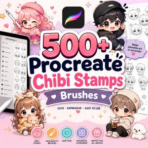 May include: A digital collection of 500+ Procreate Chibi Stamps brushes featuring various cartoon characters, including a pink-haired figure, a black-capped figure, a brown-haired figure with a bear, and a figure with a drink and a white dog.