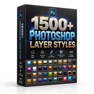 May include: A black software box featuring the text 1500+ PHOTOSHOP LAYER STYLES in large metallic lettering. The box displays the Adobe Photoshop logo, five feature icons, and a grid of 35 square samples showing various colorful textures.