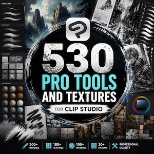 May include: A digital asset collection for Clip Studio featuring 530 pro tools and textures. The graphic displays the Clip Studio logo, brush stroke previews, material spheres, and artistic examples including landscapes and character illustrations.