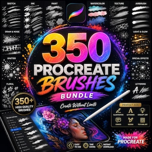 May include: A digital bundle of 350 Procreate brushes featuring a colorful gradient title, a stylus, and a tablet screen displaying a portrait with floral elements. The layout includes various brush stroke previews, category labels, and icons.