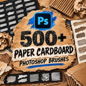 May include: A digital collection of 500+ paper and cardboard Photoshop brushes featuring a blue Adobe Photoshop icon, bold black text reading 500+ PAPER CARDBOARD PHOTOSHOP BRUSHES, and various textured paper samples.