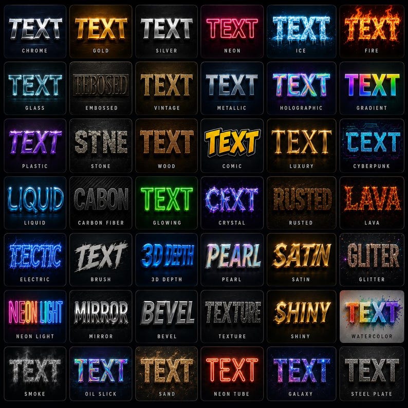 May include: A grid of 42 square tiles displaying various text effects and styles, including chrome, gold, silver, neon, ice, fire, glass, embossed, vintage, metallic, holographic, gradient, plastic, stone, wood, comic, luxury, cyberpunk, liquid, carbon fiber, glowing, crystal, rusted, lava, electric, brush, 3D depth, pearl, satin, glitter, neon light, mirror, bevel, texture, shiny, watercolor, smoke, oil slick, sand, neon tube, galaxy, and steel plate.