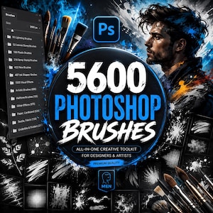 5600 Photoshop-penslar | Konstnärligt, Bläck, Grunge, Akvarell, Halvton (Digital nedladdning)