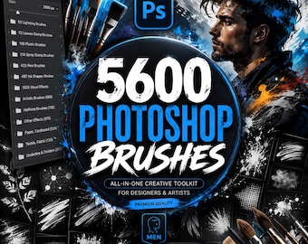 May include: A digital collection of 5600 Photoshop brushes featuring a menu list of brush categories, a profile of a person, and various brush stroke samples. The text reads 5600 PHOTOSHOP BRUSHES, ALL-IN-ONE CREATIVE TOOLKIT FOR DESIGNERS & ARTISTS.