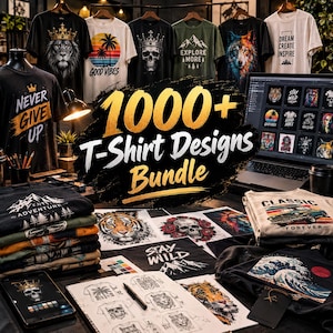 Puede incluir: Una colección de camisetas y diseños impresos con varios gráficos que incluyen leones, calaveras, lobos, montañas y palmeras. El texto 1000+ T-Shirt Designs Bundle se muestra en el centro sobre la pantalla de una computadora portátil.