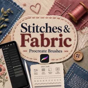 以下が含まれることがあります： Stitches & Fabric Procreate Brushesと題されたデジタルデザインセット。ブラシオプションを表示するタブレット、ピンクの糸巻き、木製ボタン、針、布地の見本が含まれています。中央の楕円形のパッチにはStitches & Fabricというテキストが表示されています。