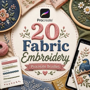 Può includere: Un set di prodotti digitali con 20 pennelli Procreate per ricamo su tessuto. Il design centrale mostra il testo 20 Fabric Embroidery in caratteri rosa, blu e verdi, circondato da telai da ricamo e un tablet che mostra un uccello.