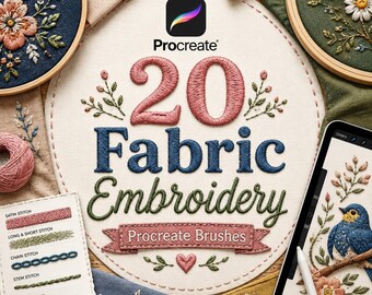 20 Fabric Embroidery Procreate Brushes | Realistic Stitch, Floral, Textile Art (Digital Download)