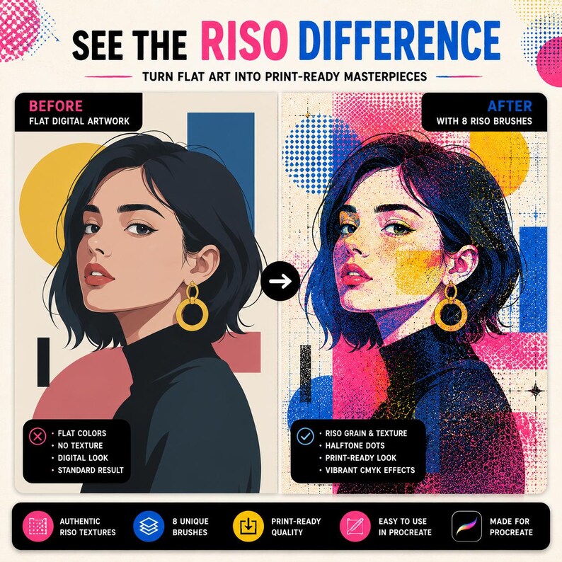 Może przedstawiać: Cyfrowa grafika por&oacute;wnawcza zatytułowana SEE THE RISO DIFFERENCE. Po lewej stronie znajduje się płaska ilustracja osoby z ciemnymi włosami i złotymi kolczykami. Po prawej stronie widać tę samą ilustrację z ziarnistością Riso i teksturą.