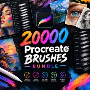 May include: A digital collection of 20000 Procreate brushes featuring a colorful logo, various artistic examples of portraits and landscapes, and interface menus displaying brush categories like sketch, ink, watercolor, and charcoal.