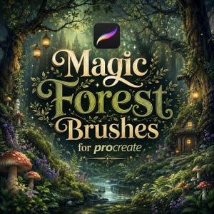 Könnte beinhalten: Eine digitale Grafik mit dem Text Magic Forest Brushes for procreate in eleganter goldener und grüner Schrift. Der Hintergrund zeigt eine üppige, verwunschene Waldszene mit leuchtenden Laternen, rotkappigen Pilzen und einem kleinen Häuschen.