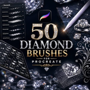 Op de afbeelding: Een digitale productweergave met de tekst 50 DIAMOND BRUSHES FOR PROCREATE, vergezeld van een stylus, een tablet met penseelinstellingen en diverse diamantillustraties op een donkere achtergrond met een Procreate-app-pictogram.