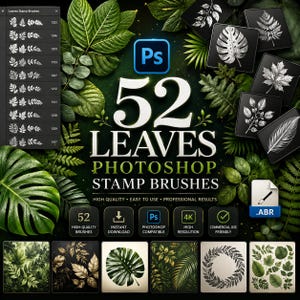 Può includere: Una collezione digitale di 52 pennelli timbro a forma di foglie per Photoshop con uno sfondo verde scuro, varie illustrazioni botaniche, un'icona Photoshop e testo che include 52 LEAVES PHOTOSHOP STAMP BRUSHES, alta qualità e file .ABR.